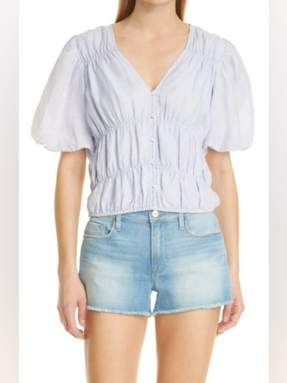 FRAME Julianne Smocked Puff Sleeve Top